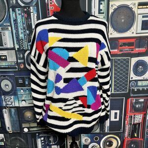 JAMIE SCOTT Vintage 80s Pullover Knit Sweater Retro Abstract Design